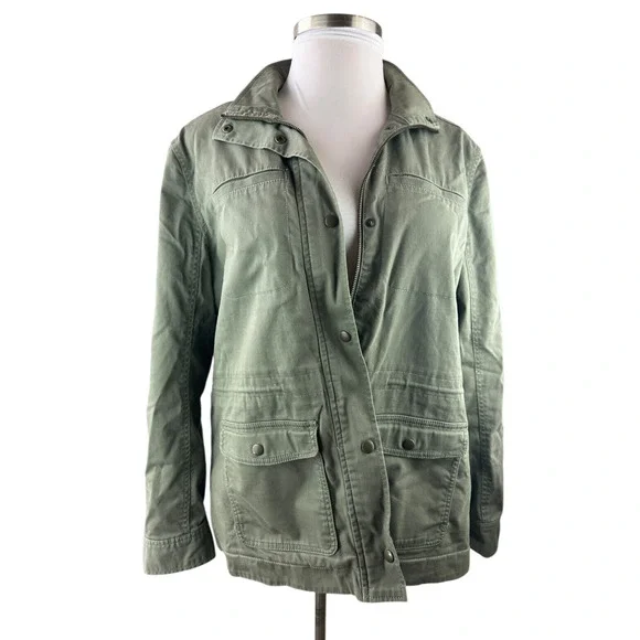 LL Bean Classic Utility Jacket Sherpa Lined Army Green Zip Snap Women's Size XL - Picture 12 of 13